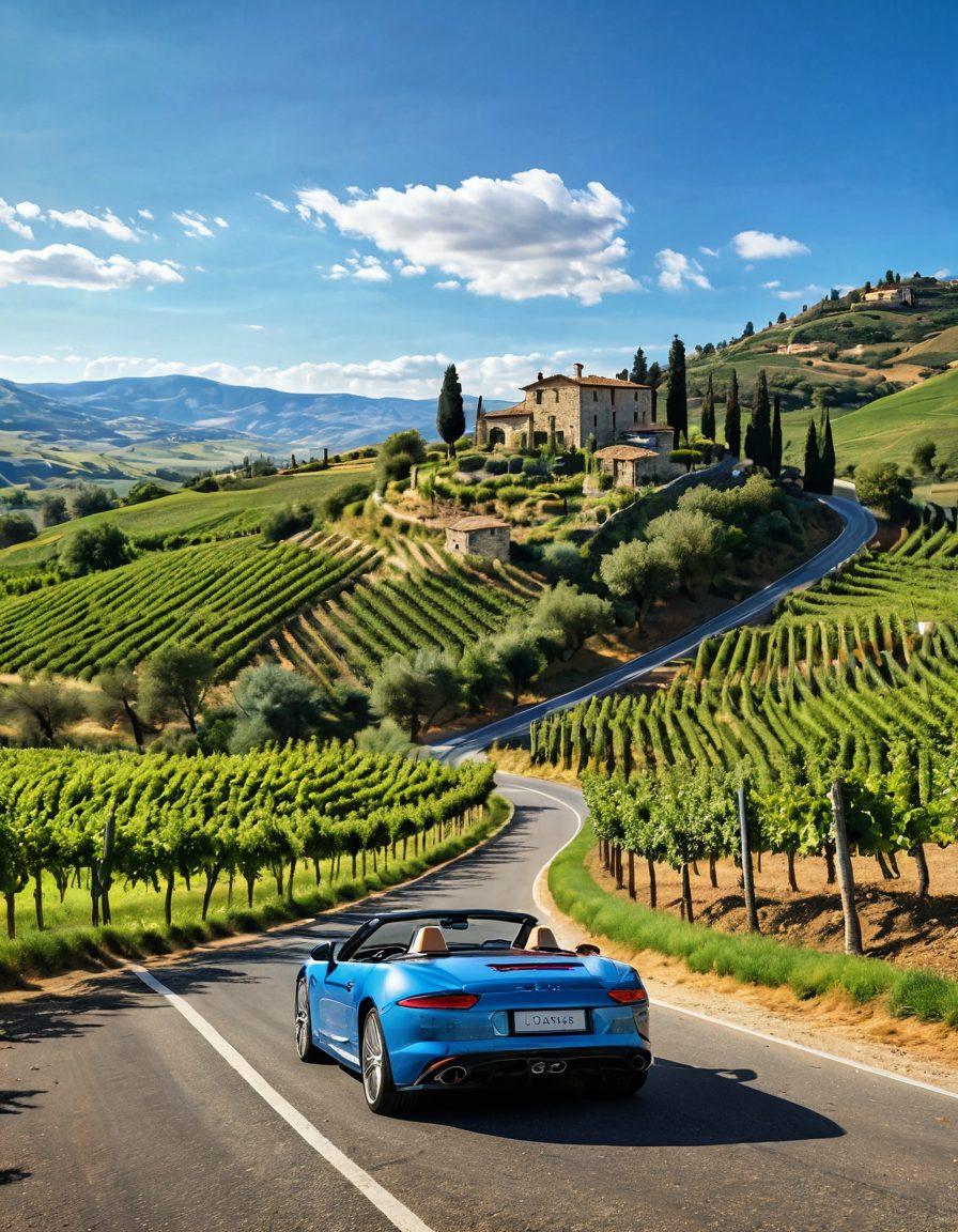 A scenic view of a winding Tuscan road flanked by lush vineyards under a bright blue sky, with a sleek sports car speeding through the landscape. In the background, rolling hills dotted with olive trees and traditional stone houses create a picturesque atmosphere. The scene captures the essence of adventure and the love for driving in a wine country setting. super-realistic. vibrant colors. 3D.
