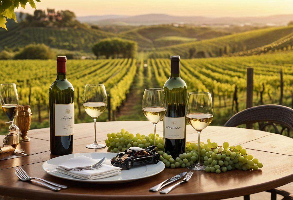 A beautifully arranged table featuring an elegant wine bottle and glasses, surrounded by luxury cars with a scenic backdrop of a vineyard. The scene captures a blend of sophistication and excitement, with lush green grapevines and a sun-kissed sky. Include subtle details like wine tasting notes and automotive elements intertwined in the decor. super-realistic. vibrant colors. dramatic sunset lighting.