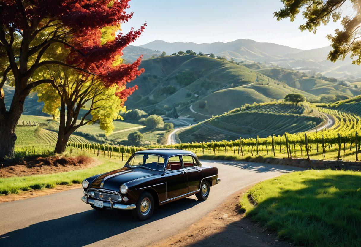 A scenic landscape featuring a winding road with a vintage car parked beside it, glasses of red wine resting atop the car hood. Sunlight filters through lush trees, casting playful shadows on the ground. In the background, rolling hills and vineyards stretch as far as the eye can see, inviting viewers to celebrate life's joyous moments. The scene should evoke warmth and happiness, with a hint of adventure. vibrant colors. 3D.
